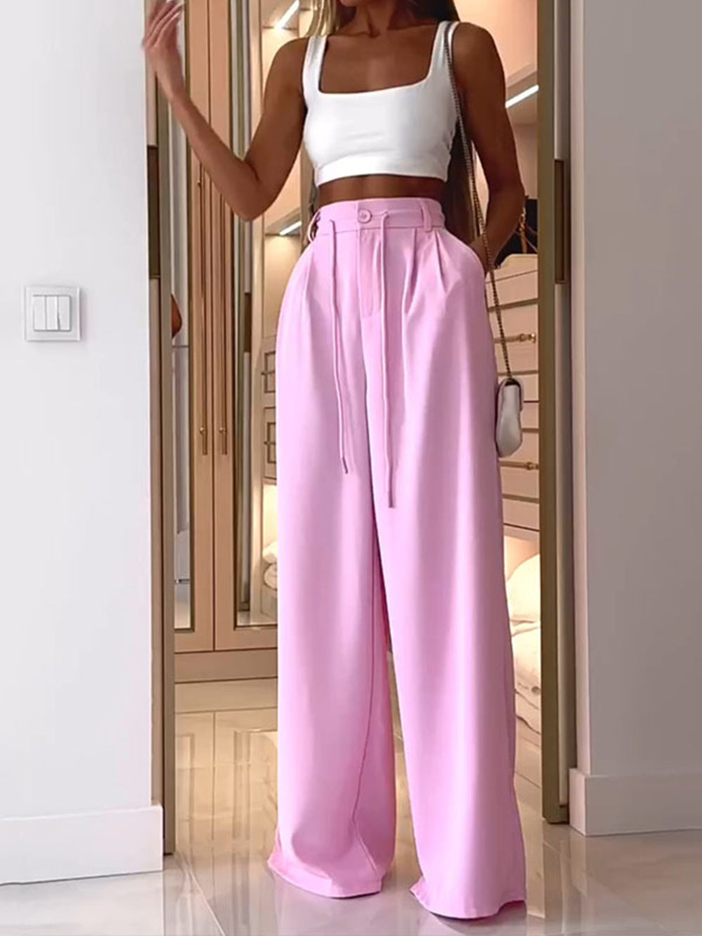 Women's Pink Pleated Wide Leg Trousers