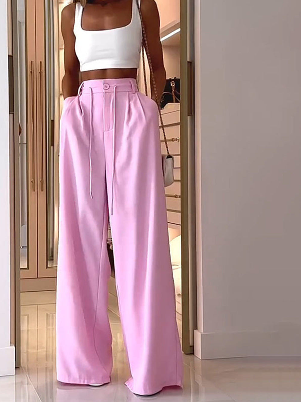 Women's Pink Pleated Wide Leg Trousers — back view