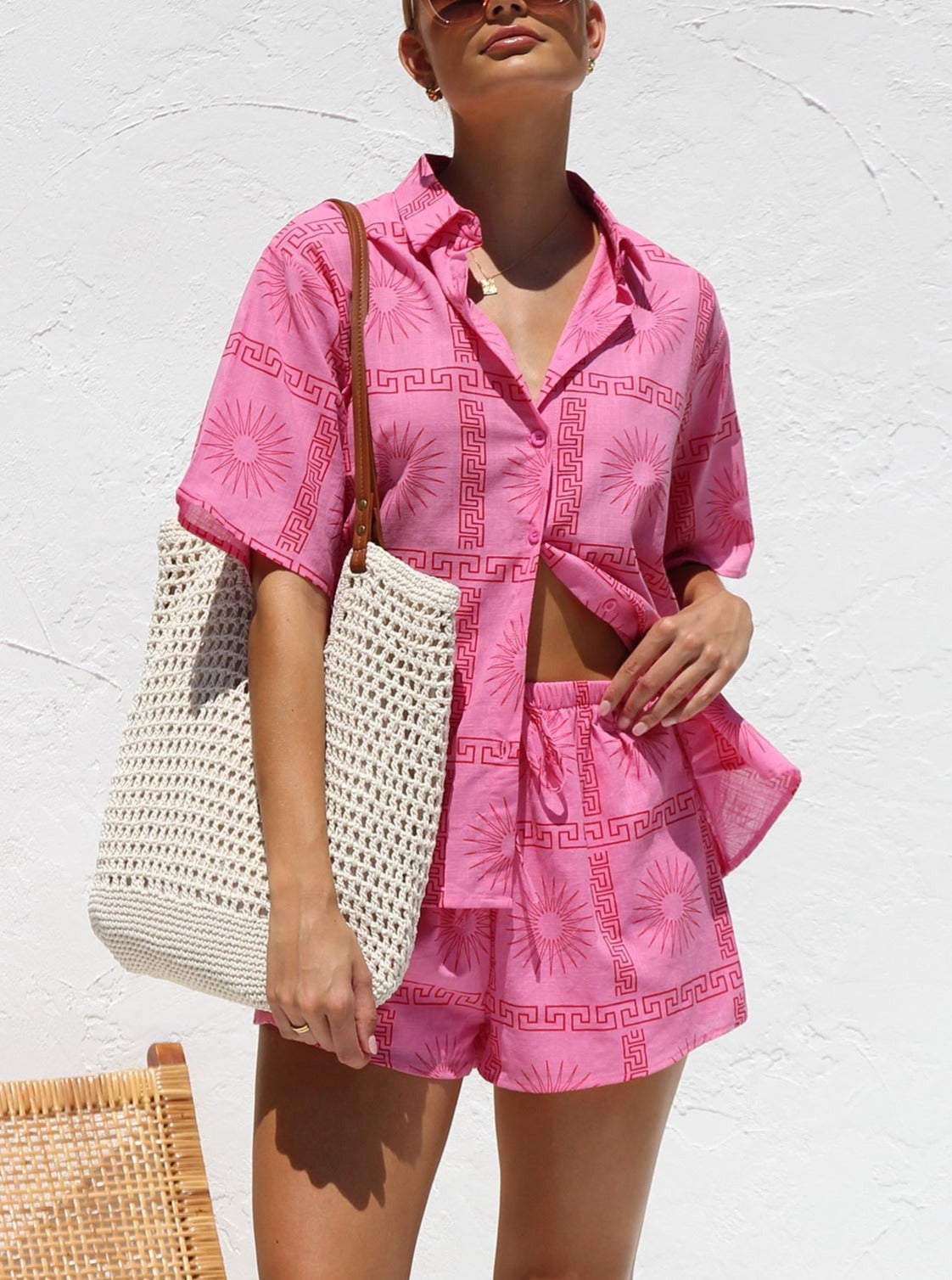 Women's pink red contrast print shirt and shorts set