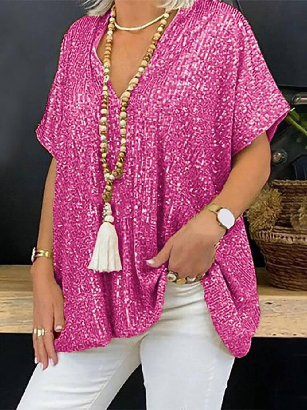 Women's pink sequin top — full length