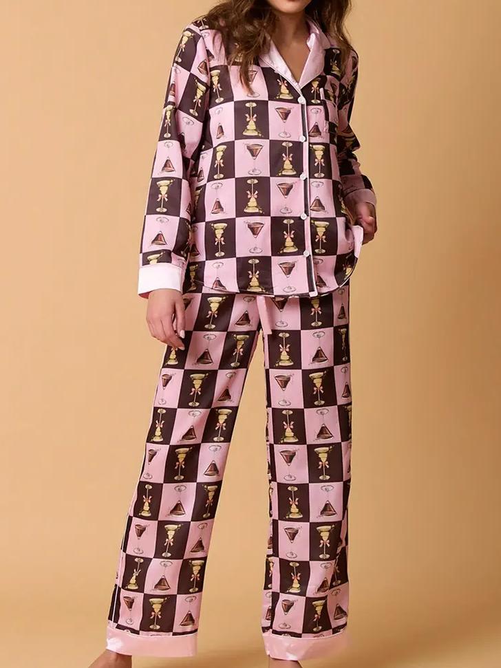 Women's pink wine print pyjama shirt set