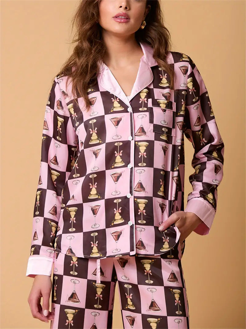 Women's pink wine print pyjama shirt set — alternate angle