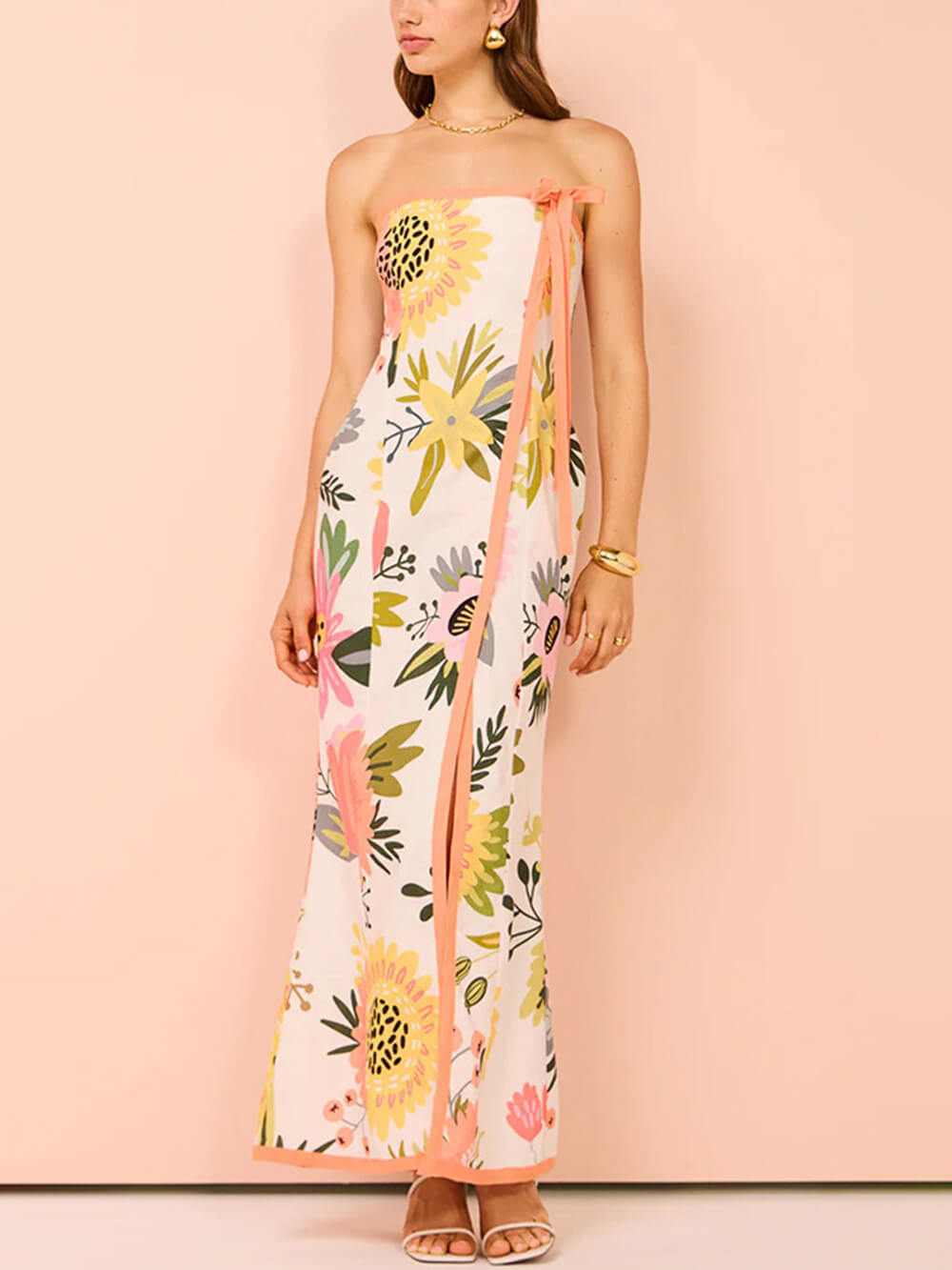 Women's pink wrap split printed midi dress — back view