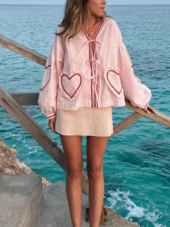 Women's plaid lace-up blouse with relaxed fit