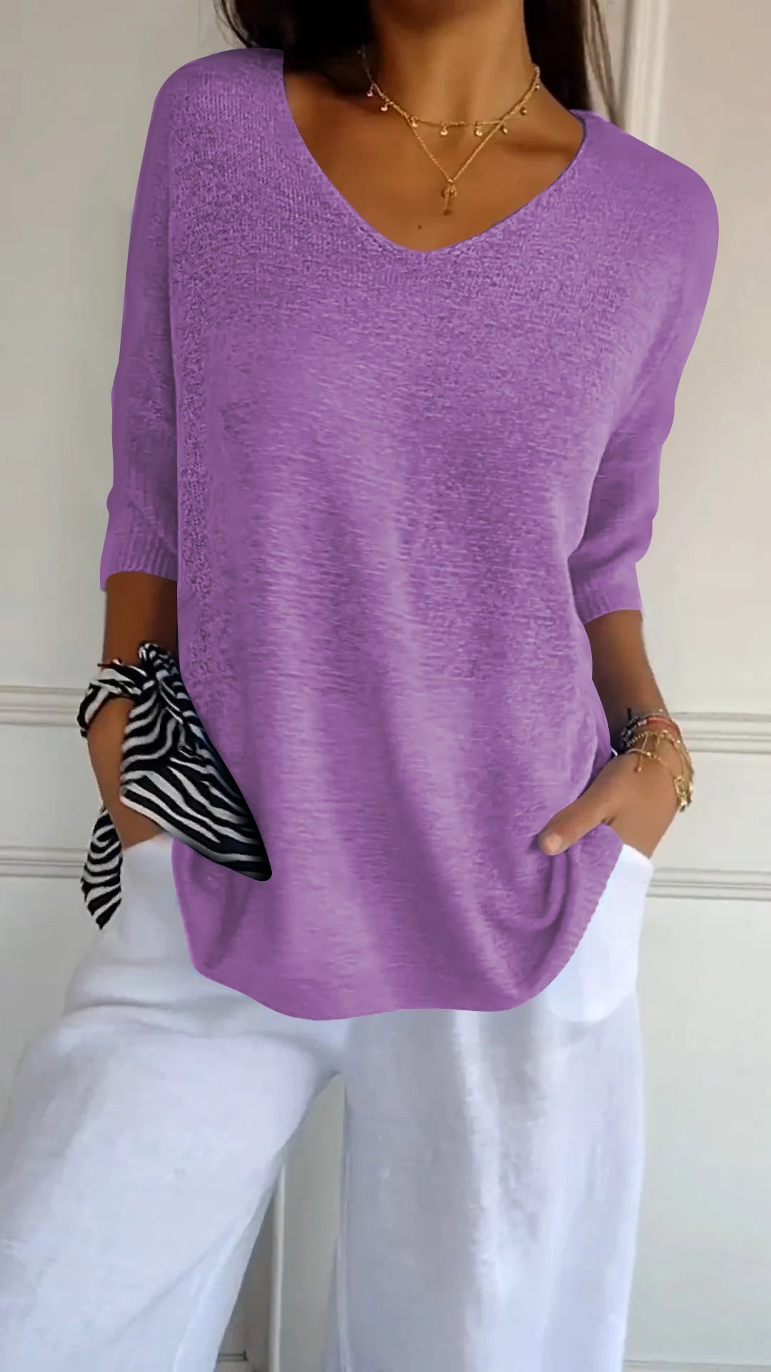 Women's plain knit V-neck top