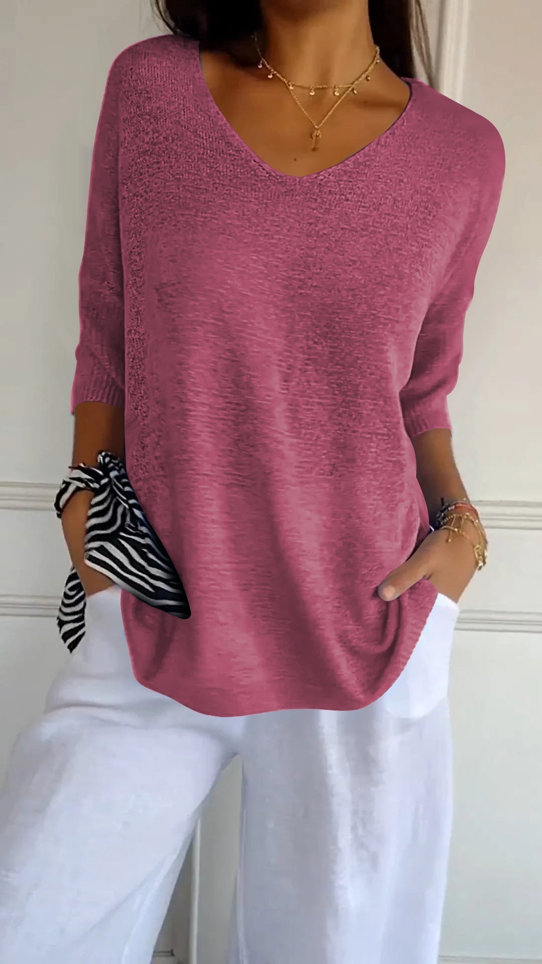 Women's plain knit V-neck top