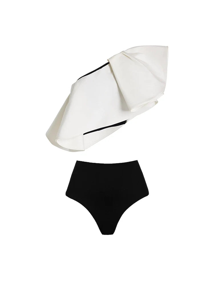 Women's monochrome polka dot bikini set with wrap skirt — full length