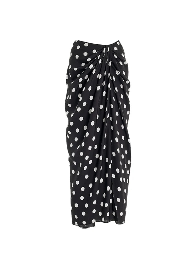 Women's monochrome polka dot bikini set with wrap skirt — full length