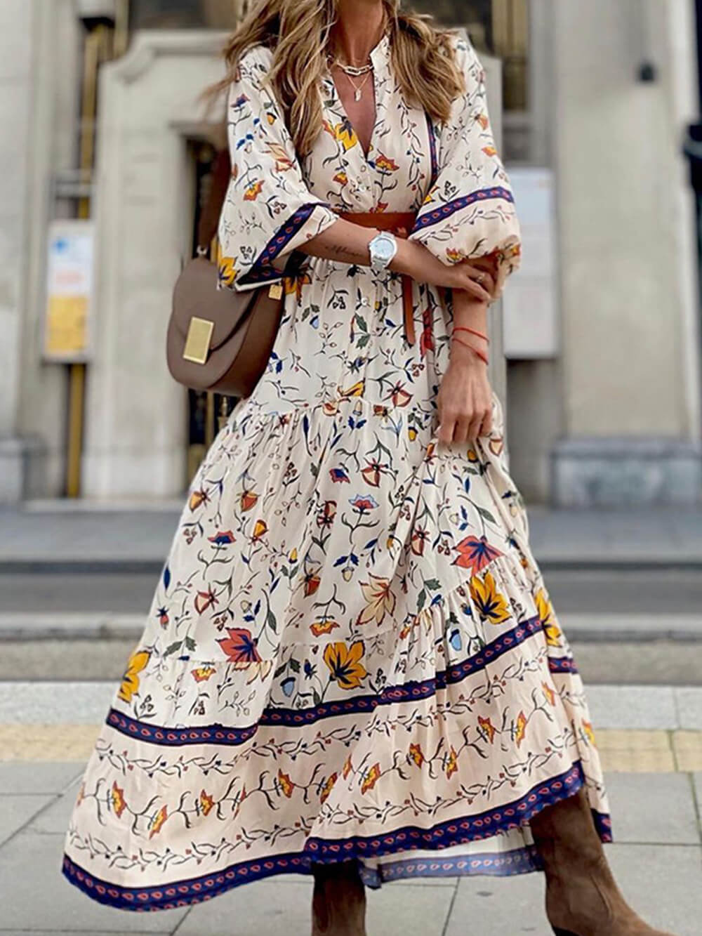 Women's V-Neck Printed Loose Maxi Dress