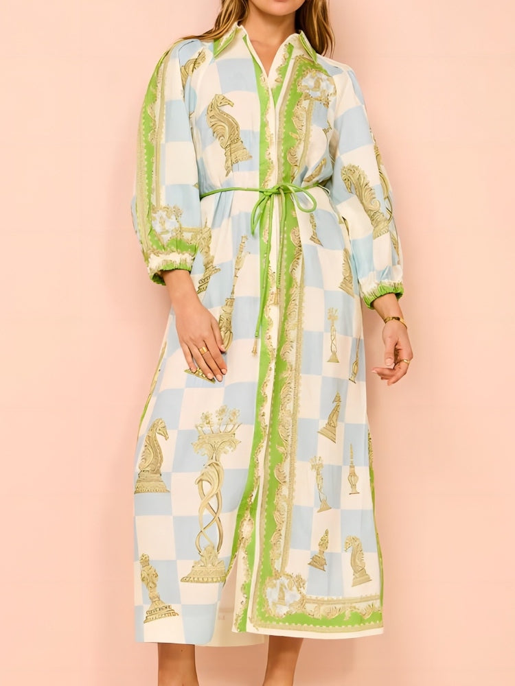 Women's printed tie-front shirt — full length
