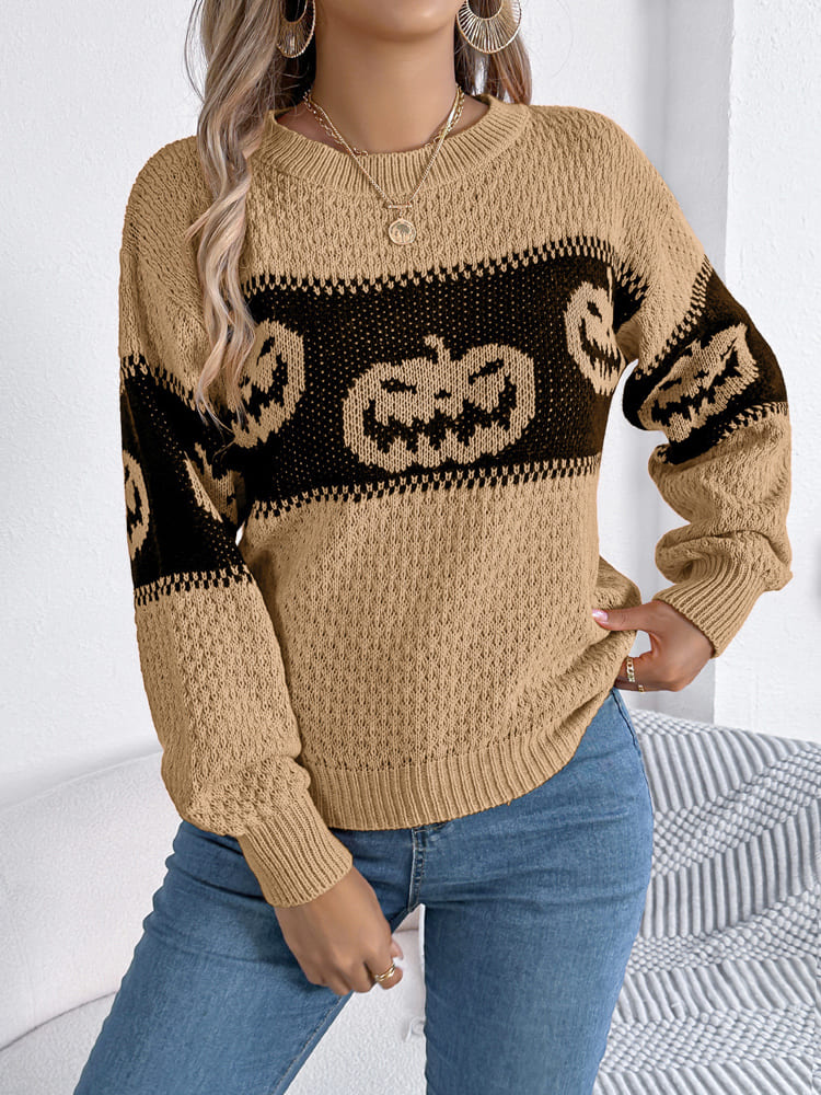 Women's pumpkin colour-block crew jumper — close-up