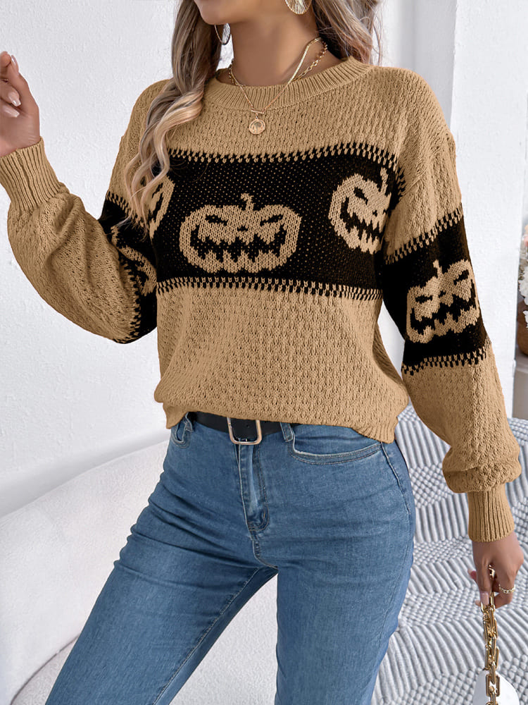 Women's pumpkin colour-block crew jumper — close-up