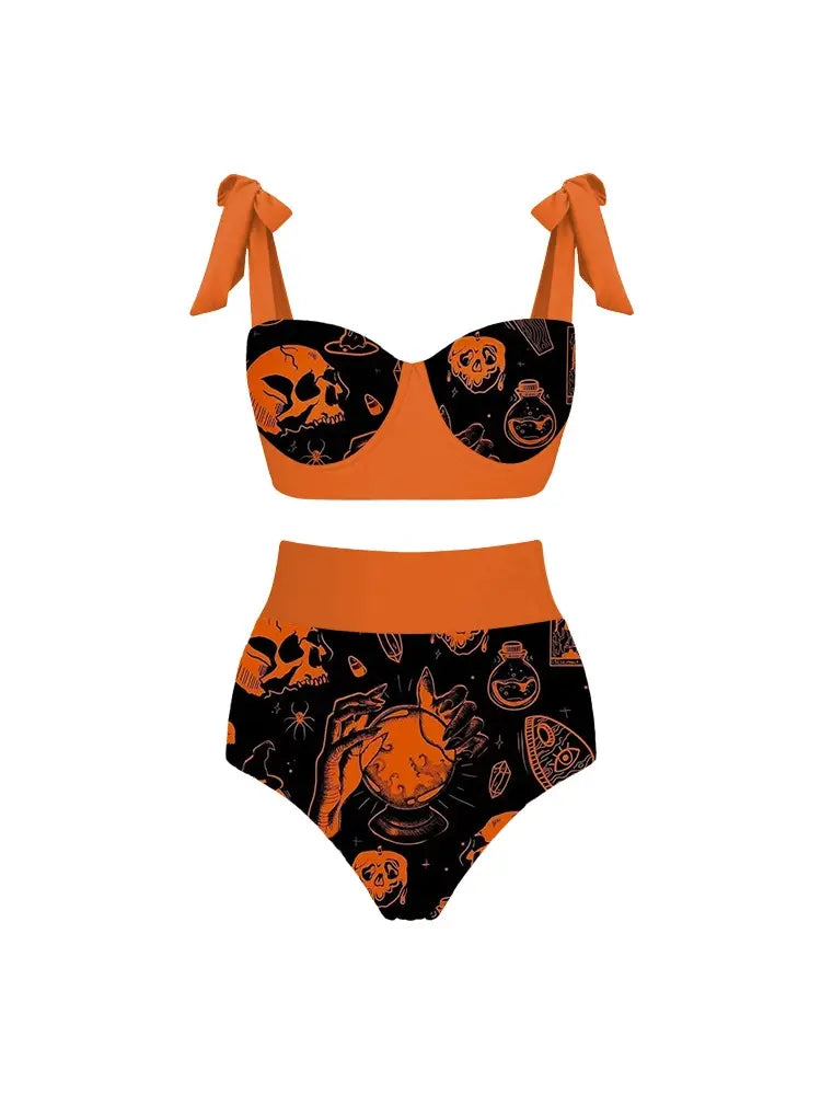 Women's pumpkin skull print bikini set