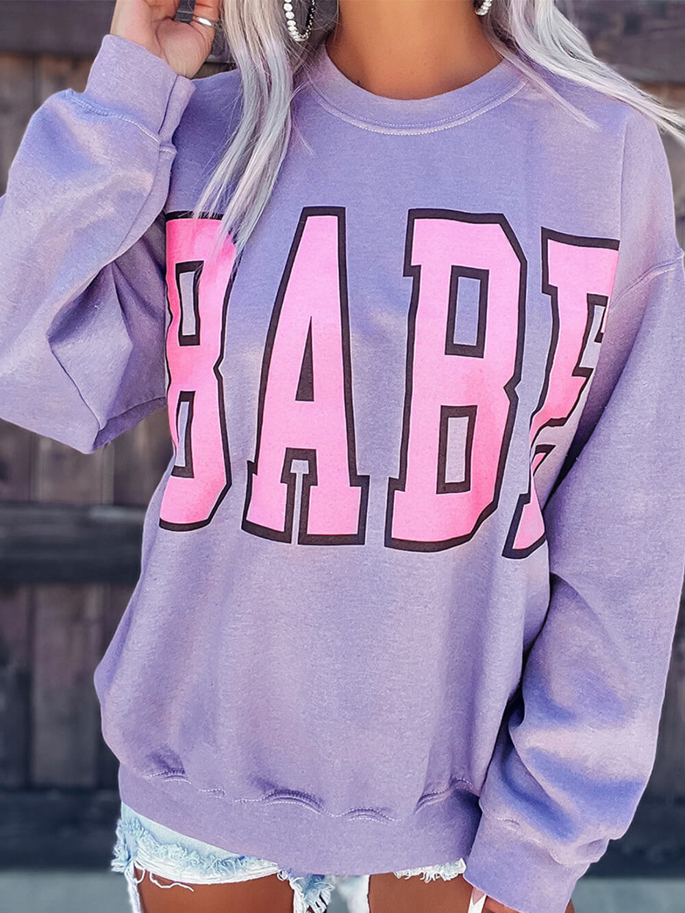 Women's Purple Alphabet Print Ribbed Sweatshirt — alternate angle