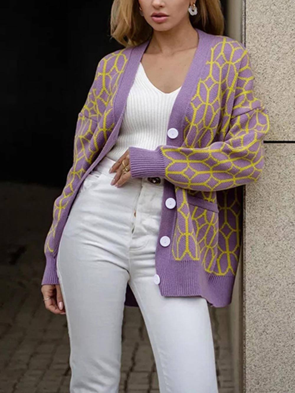 Women's braided V-neck cardigan — stripe detail
