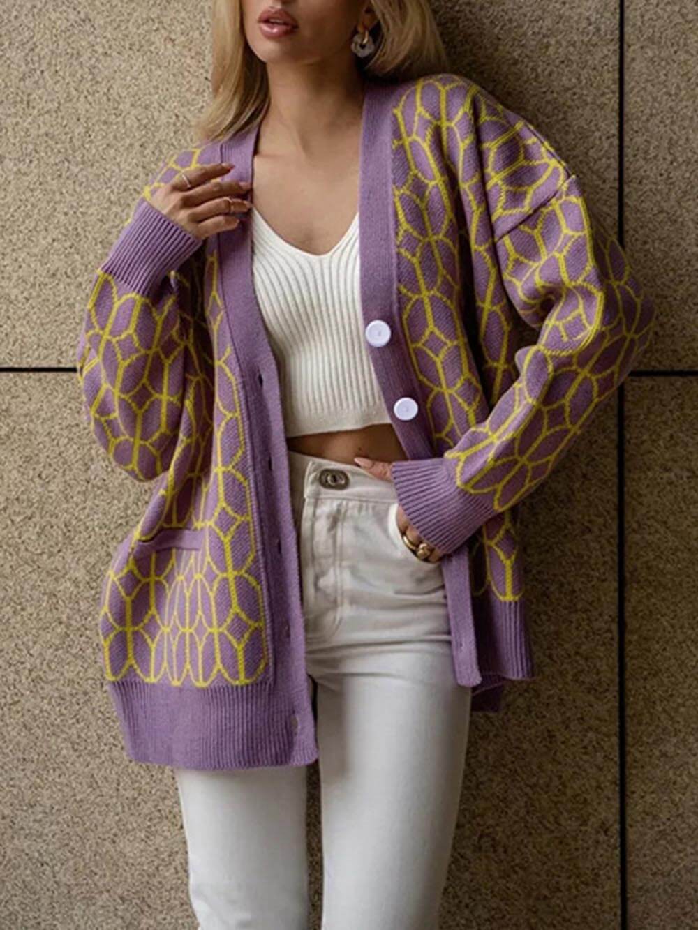 Women's braided V-neck cardigan — back view