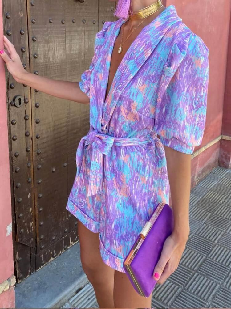 Women's purple floral puff-sleeve playsuit