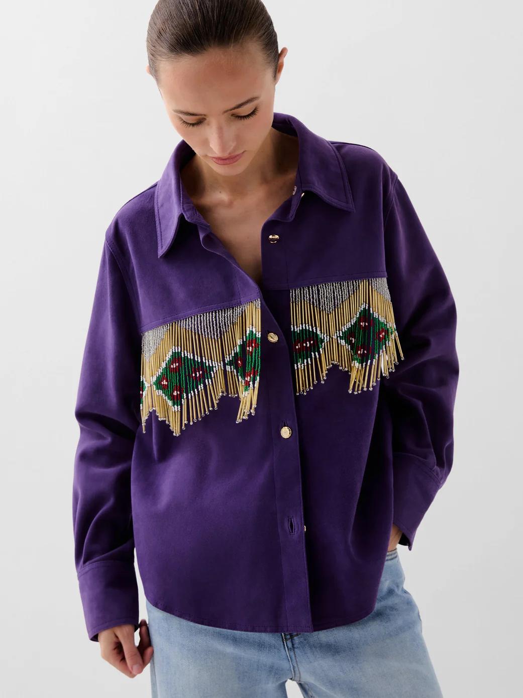 Women's Purple Beaded Fringed Suede Shirt