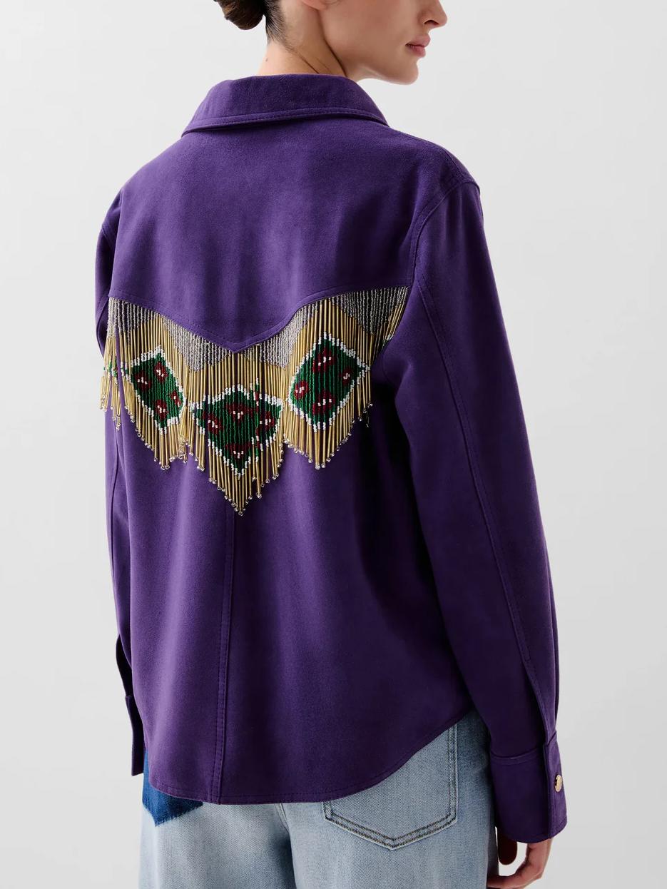 Women's Purple Beaded Fringed Suede Shirt — detail view