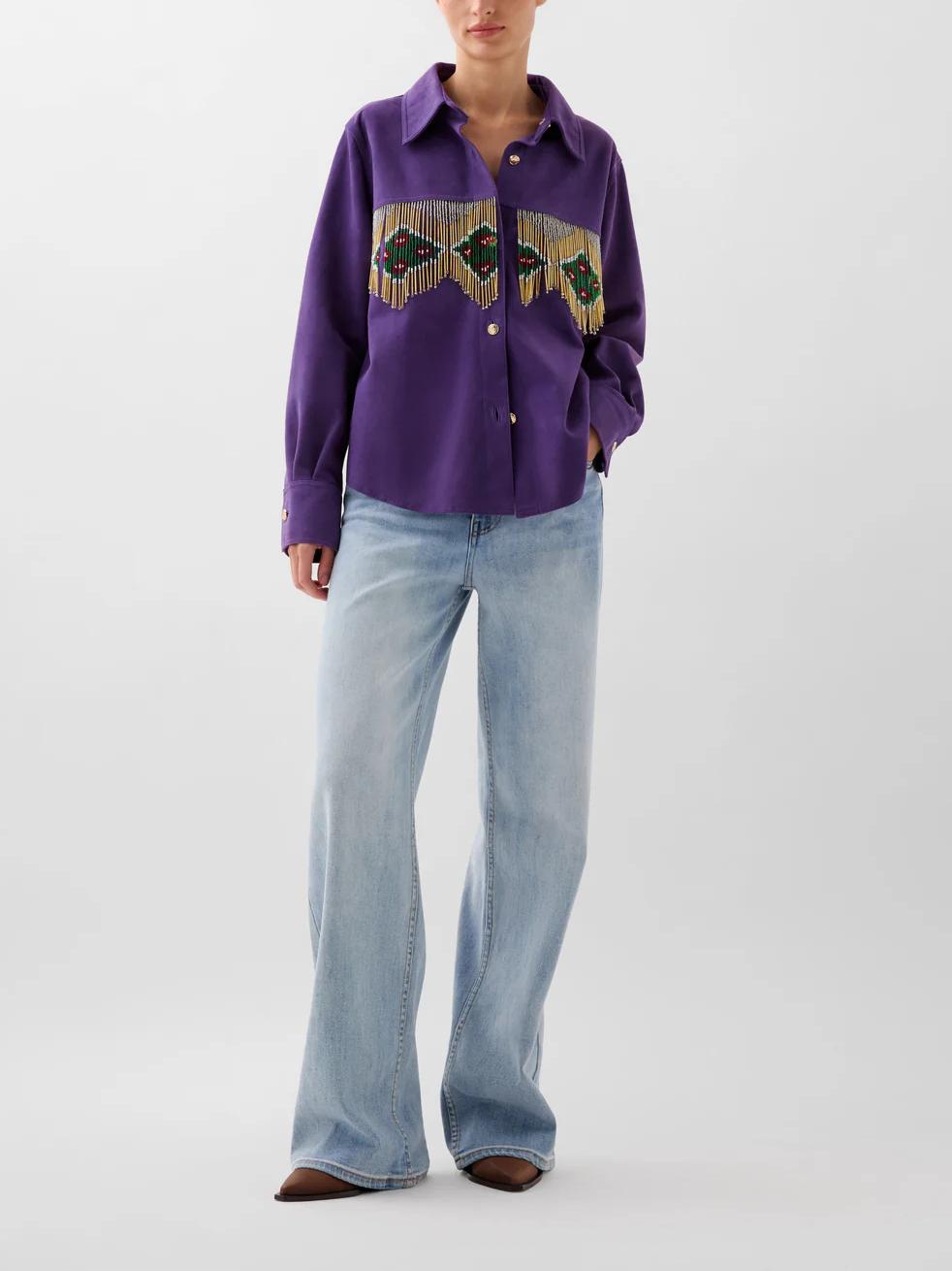 Women's Purple Beaded Fringed Suede Shirt — back view