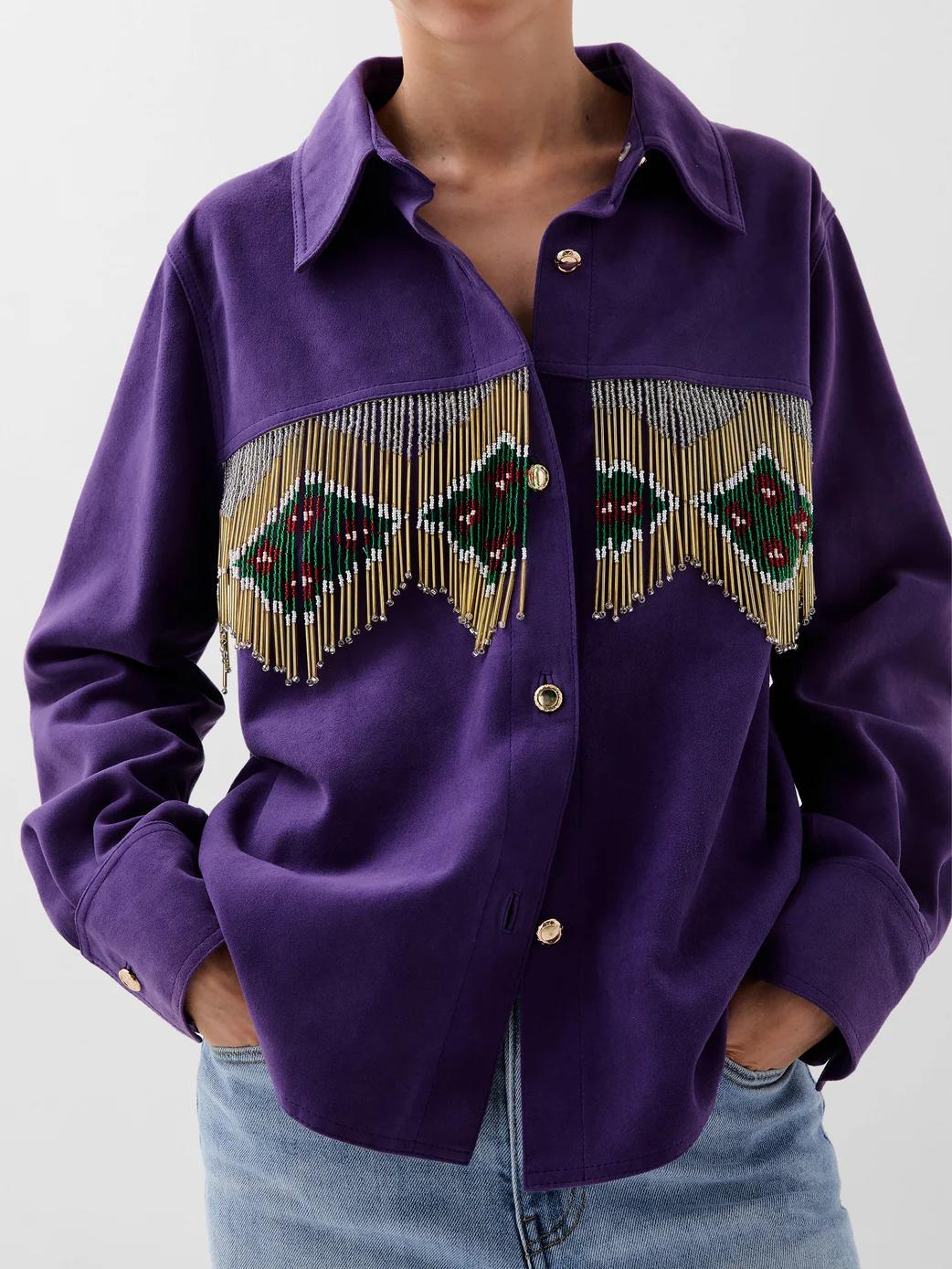 Women's Purple Beaded Fringed Suede Shirt — side detail