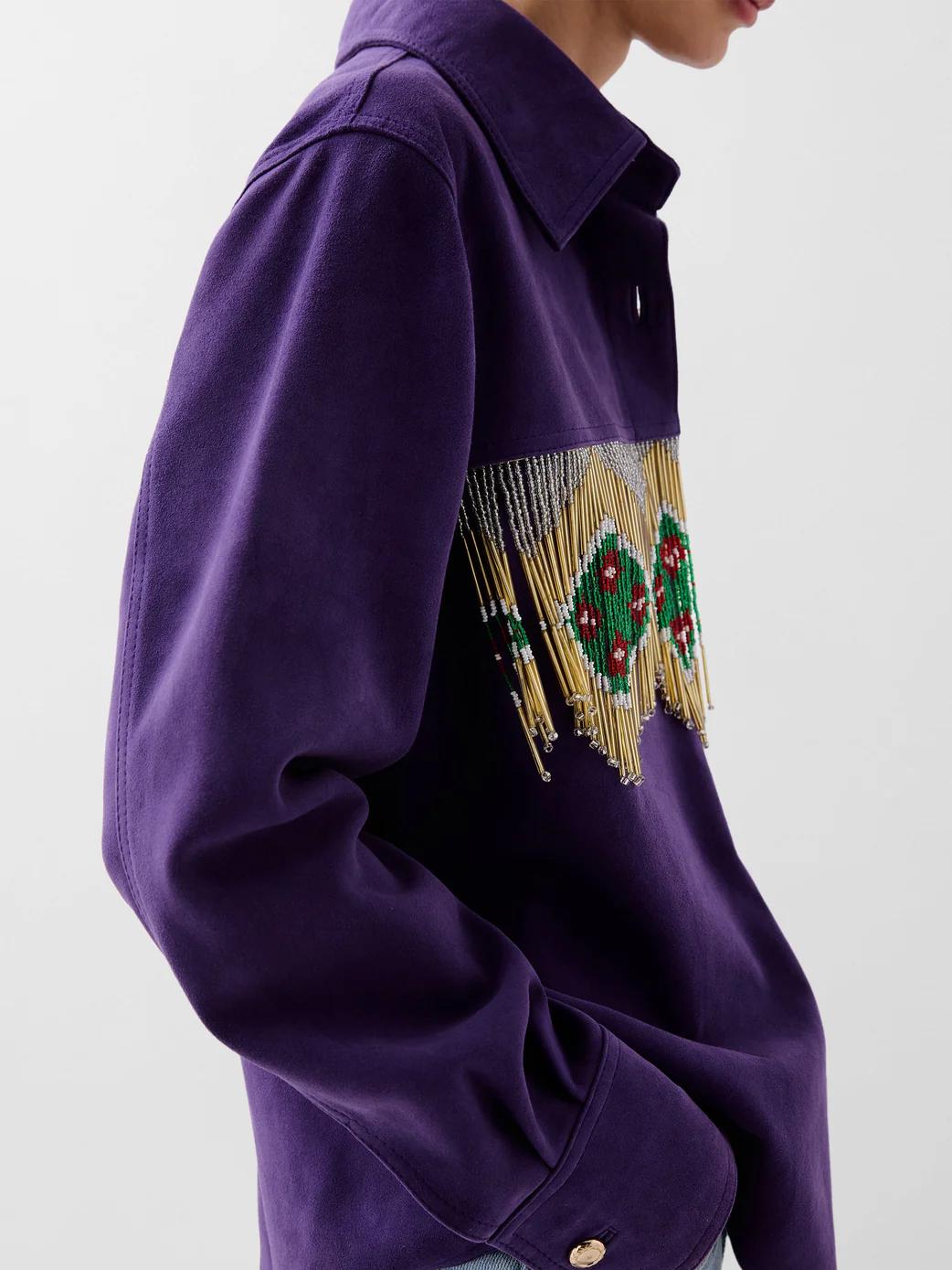 Women's Purple Beaded Fringed Suede Shirt — styled shot