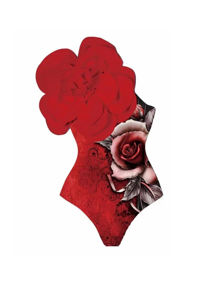 Women's red floral 3D flower swimsuit — detail