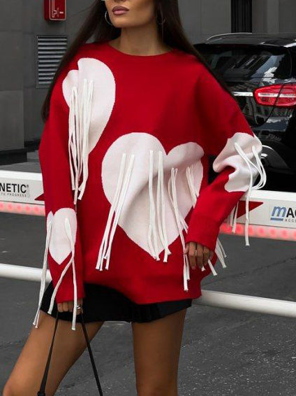 Women's red heart tassel round neck sweater