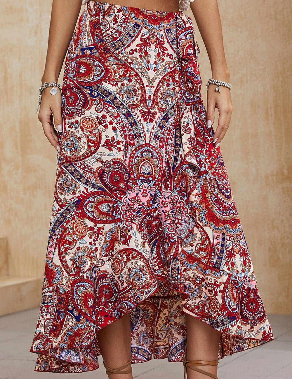 Women's red paisley midi skirt - full length