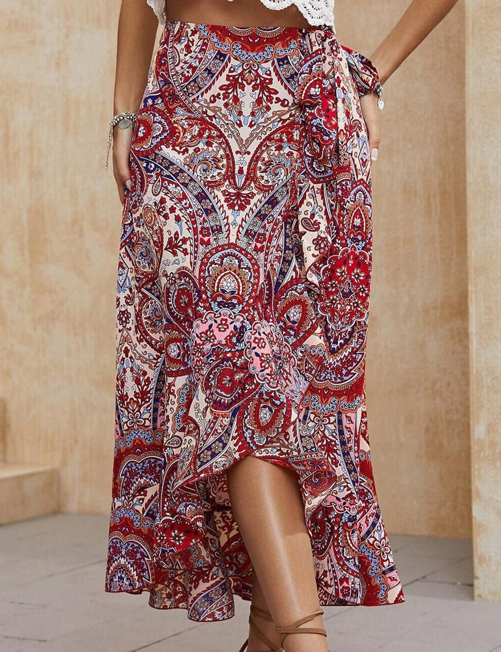 Women's red paisley midi skirt - styled full look