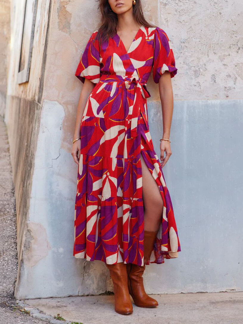 Women's Red V-Neck Puff Sleeve Slit Midi Dress