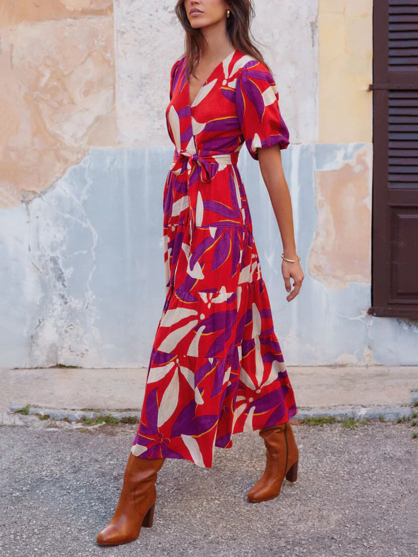 Women's Red V-Neck Puff Sleeve Slit Midi Dress — alternate angle