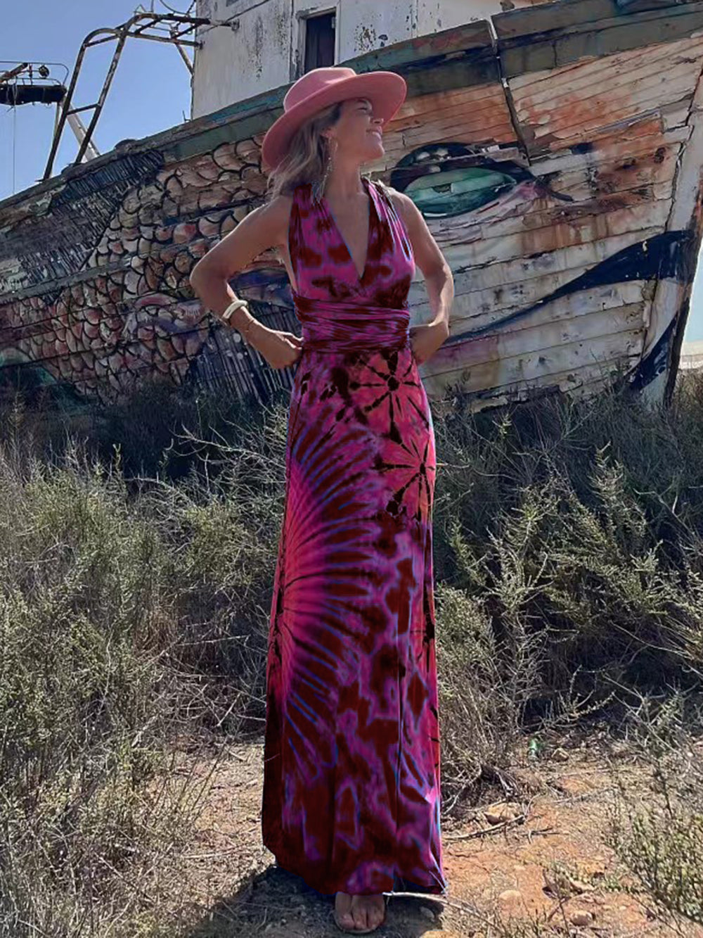 Women's red tie-dye V-neck cross-back maxi dress