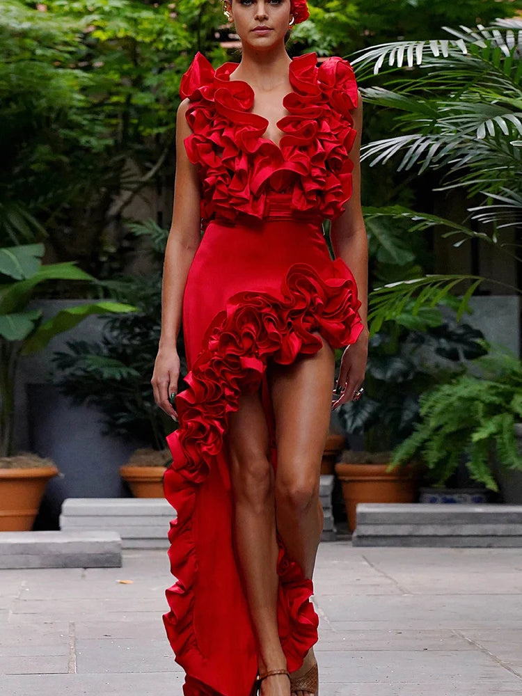Women's red V-neck asymmetrical swimsuit