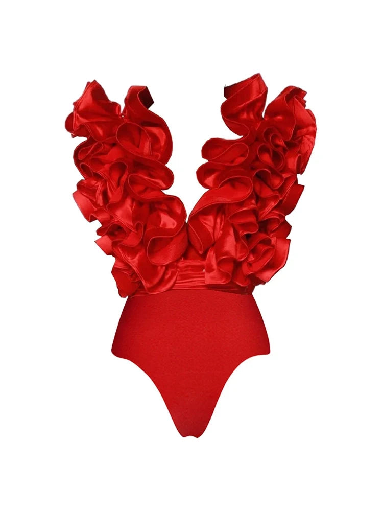 Women's red V-neck lace-trim swimsuit set — alternate angle
