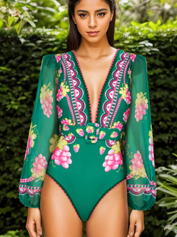 Women's retro print long-sleeve swimsuit set