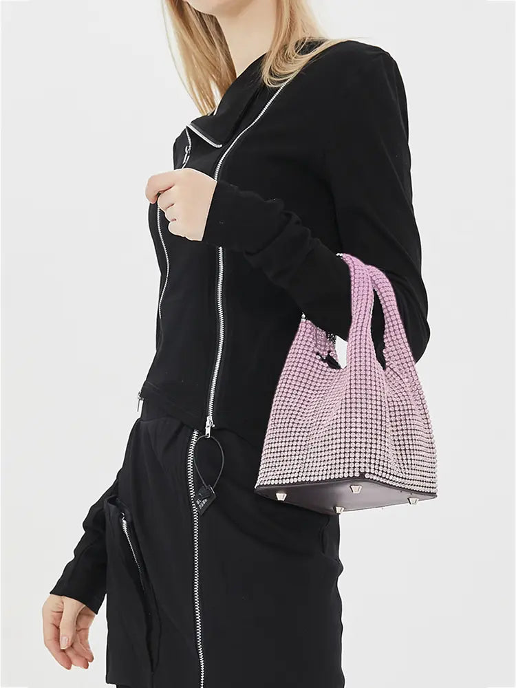 Women's rhinestone mesh evening bucket bag