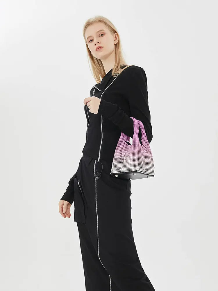 Women's rhinestone mesh evening bucket bag