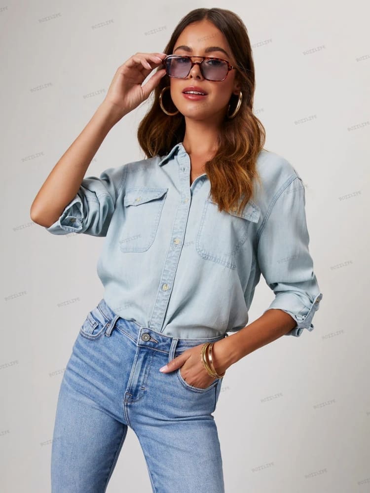 Women's denim shirt with adjustable roll-tab sleeves