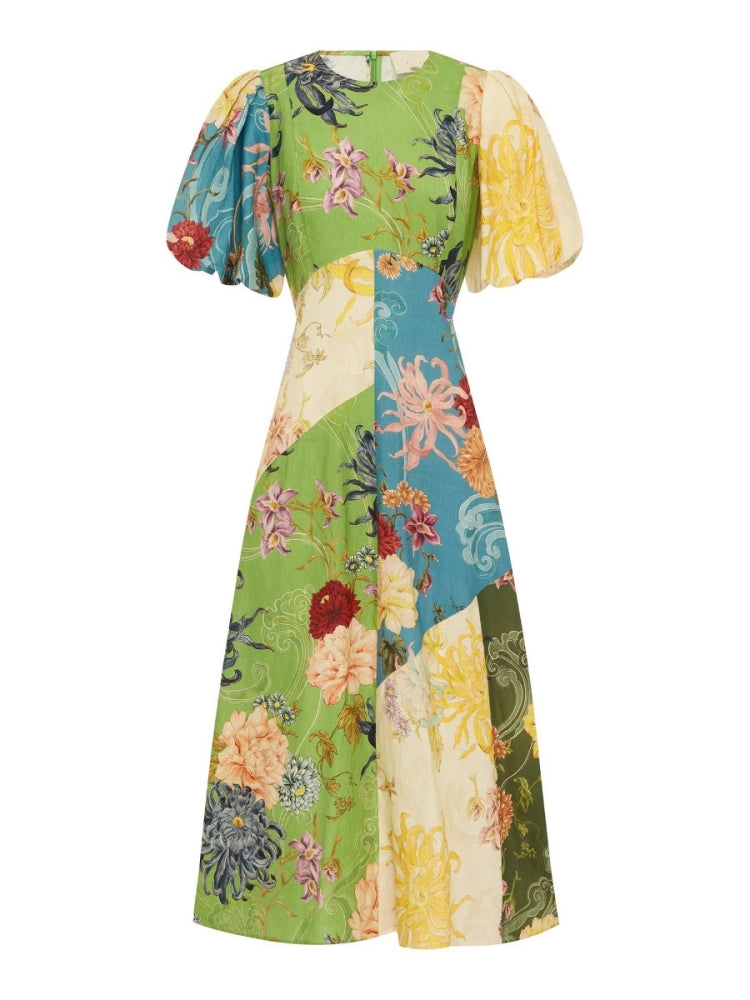 Women's Round Neck Puff Sleeve Midi Dress — back view