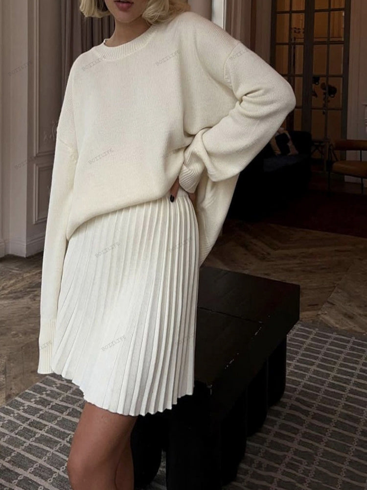 Women's round neck sweater and pleated skirt set — alternate angle