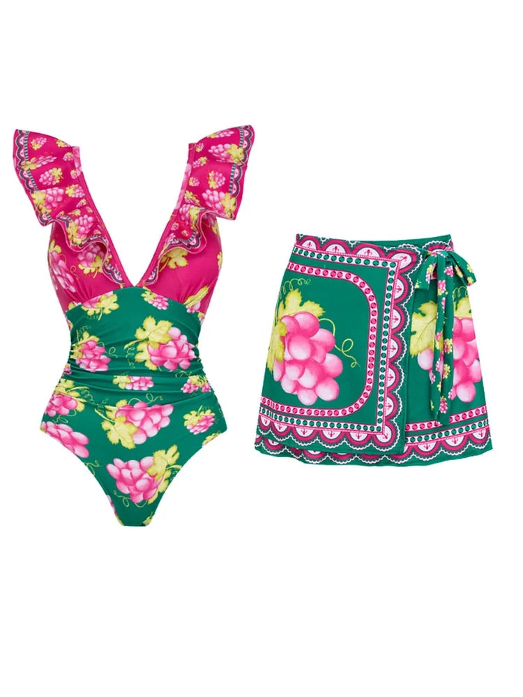 Women's ruched ruffle swimsuit mini set — front detail