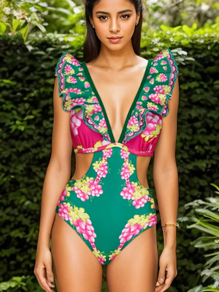 Women's ruffle cutout one-piece swimsuit and skirt set - alternate angle