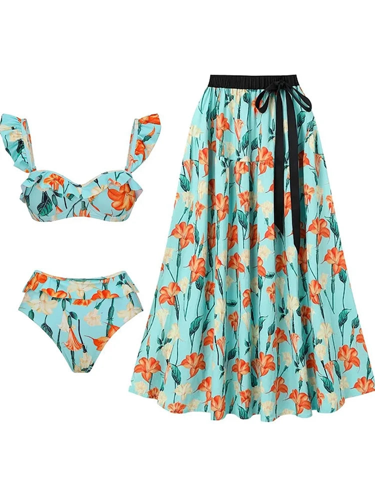 Women's ruffle sleeve trumpet bikini set