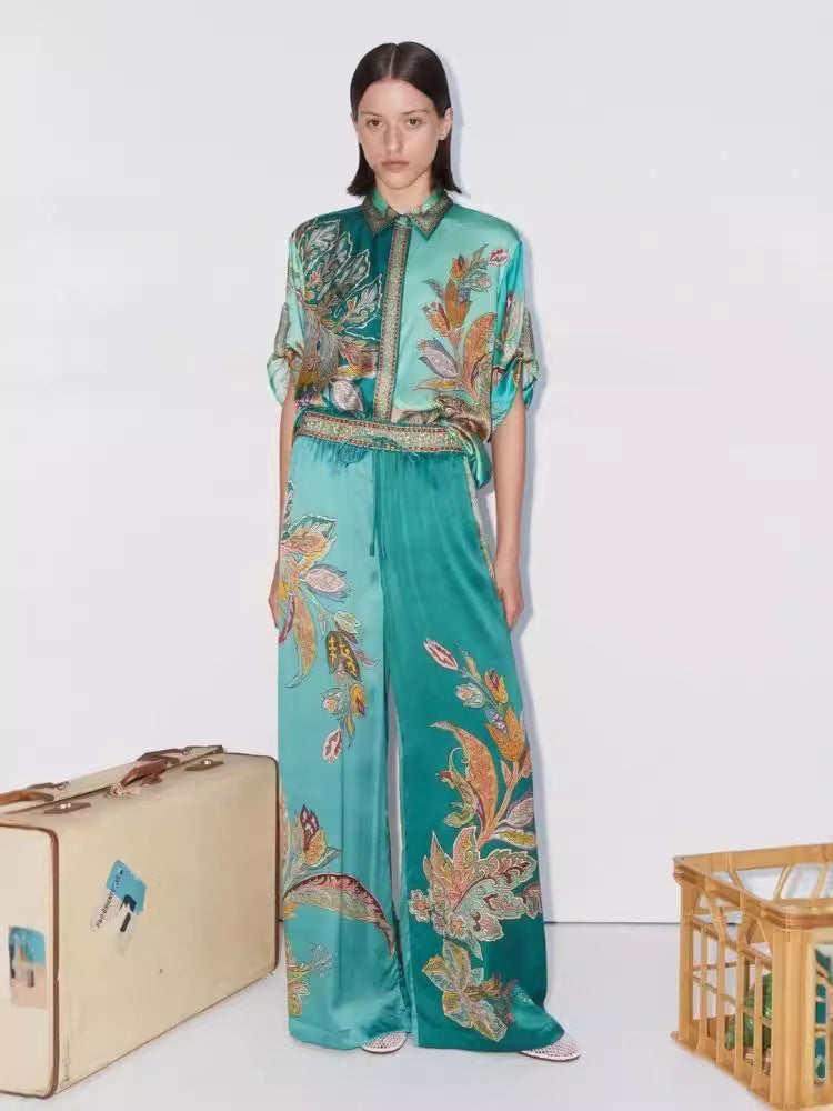 Women's blue satin floral shirt and trouser set