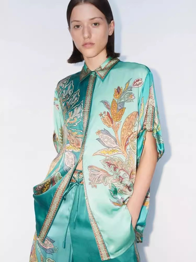 Women's blue satin floral shirt and trouser set — front detail