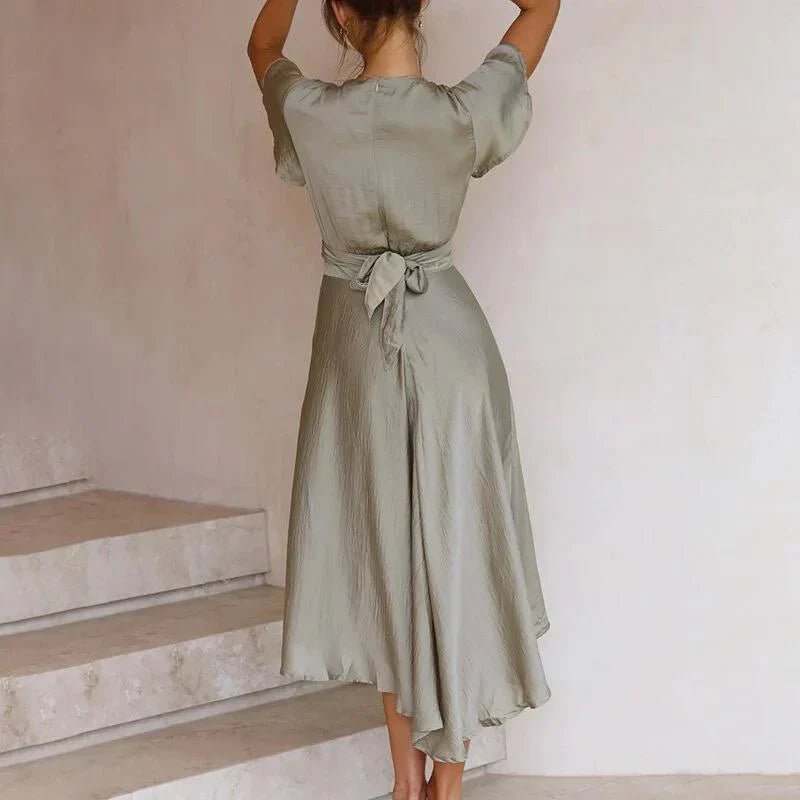 Satin Tie-Front Flutter Midi Dress