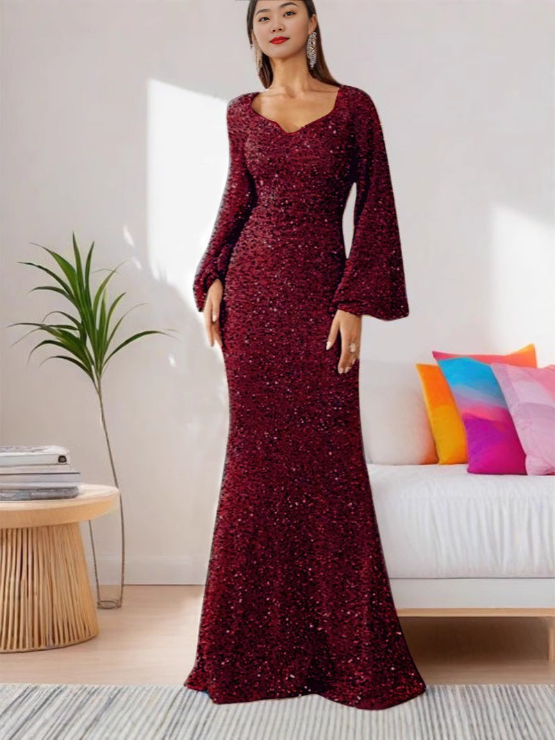 Women's Sequin Bodycon Trumpet Sleeve Dress