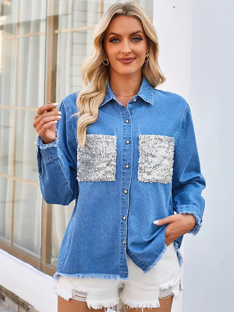 Women's sequin pocket denim shirt