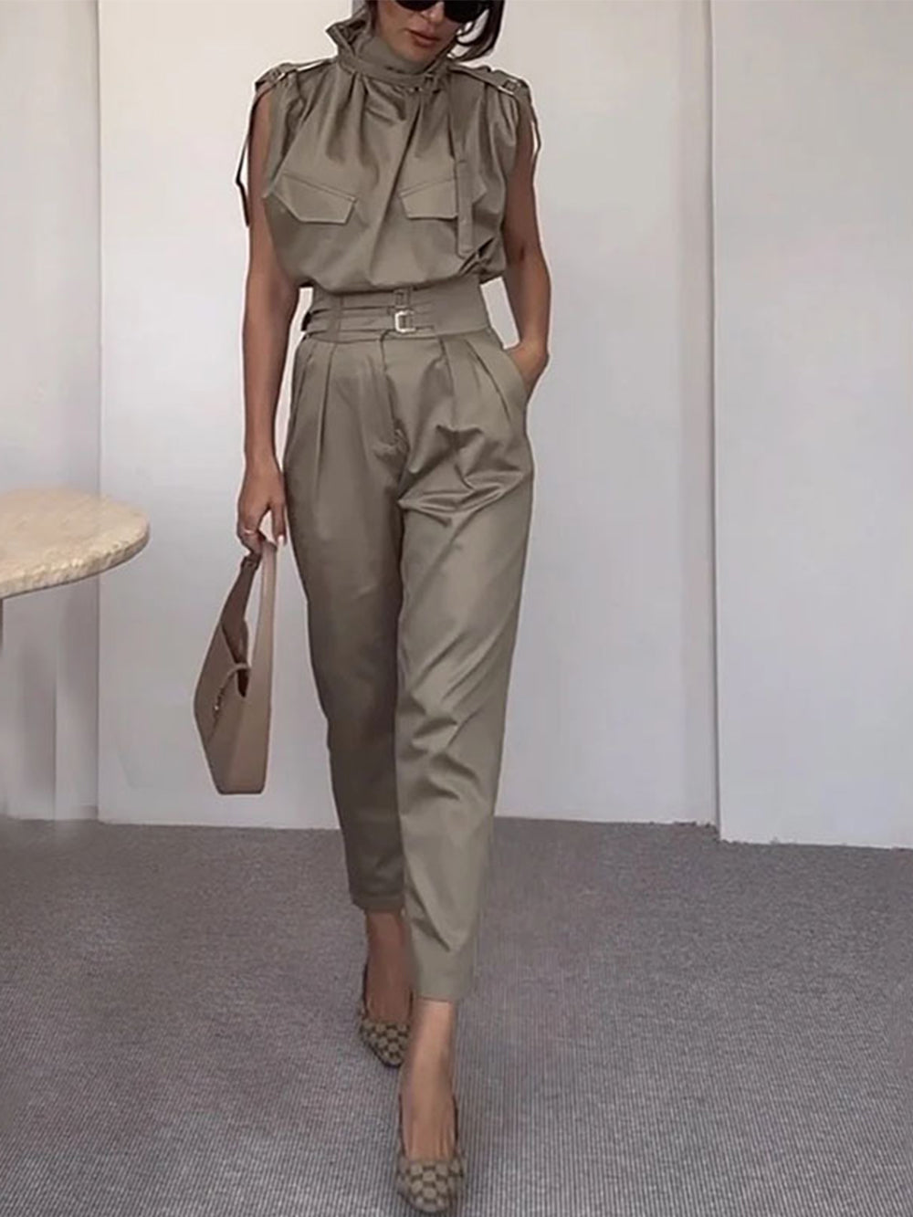 Women's side pocket belted pants co-ord set